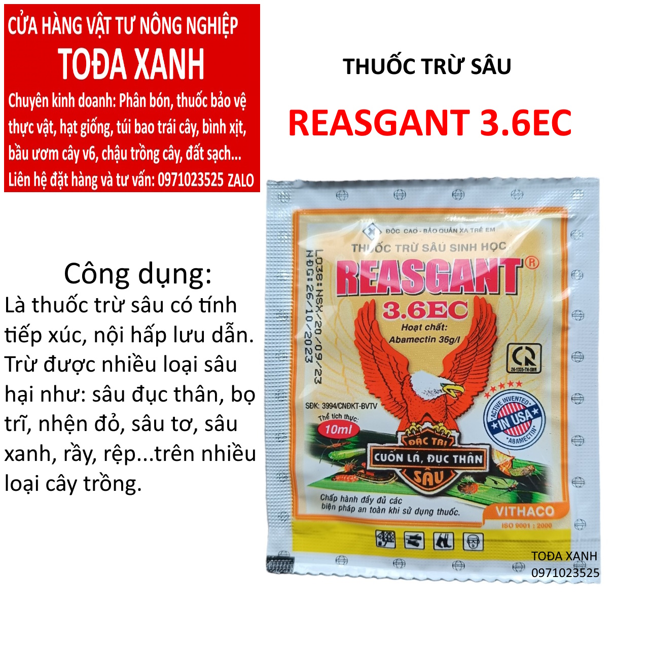 Reasgant 3.6ec gói 10ml, chuyên trừ nhện đỏ, bọ trĩ, bọ xít, sâu đục thân, sâu xanh, sâu tơ...