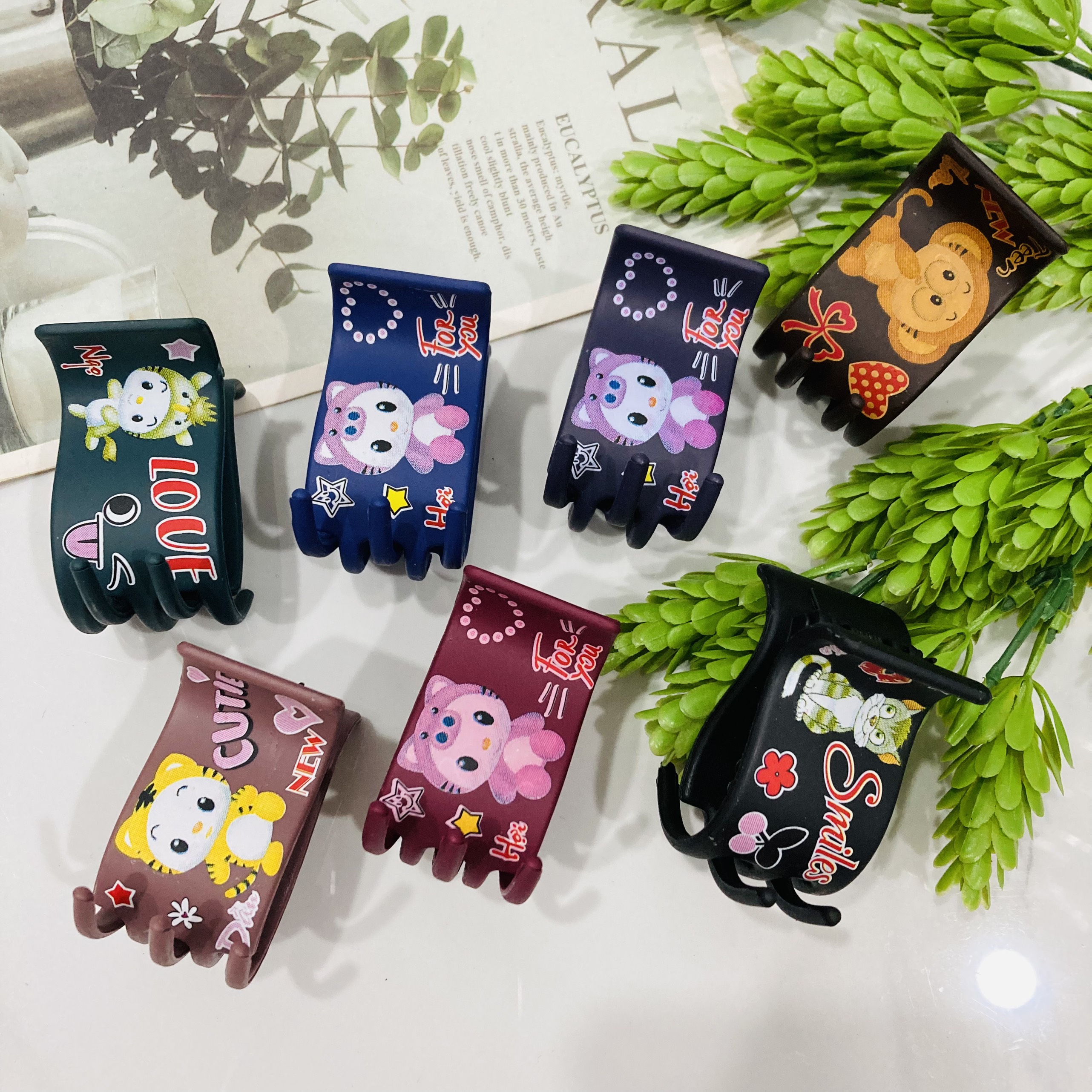 Hair clip folding hair 5 teeth color sanding printed kitty - gap49