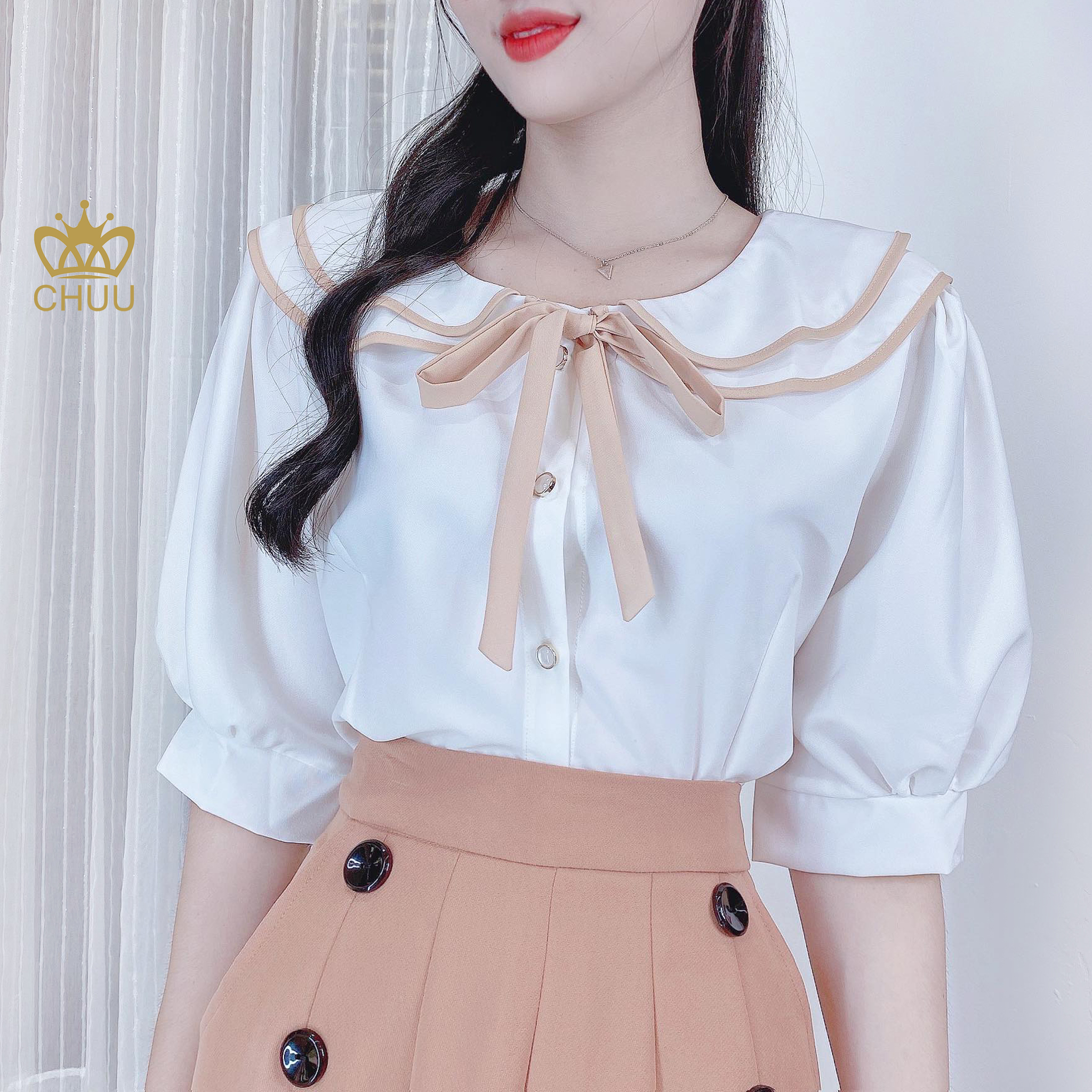 Áo sơ mi công sở nữ kiểu cổ sen 2 tầng cột nơ CHUU A6747