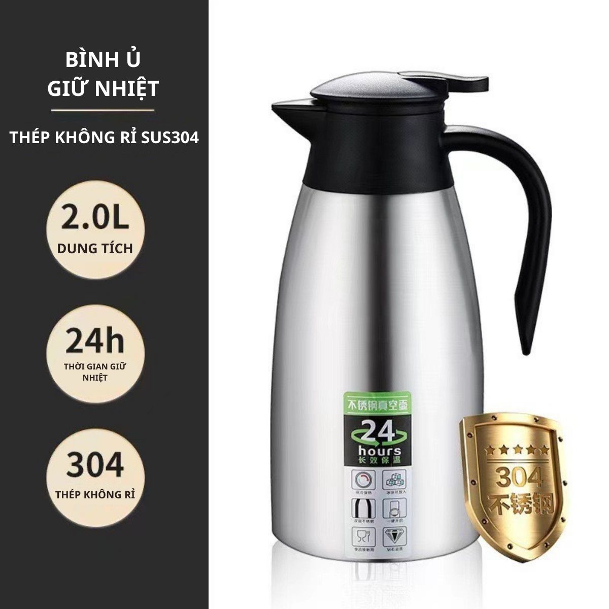 2 liter stainless steel insulation bottle 304, 24 hour heat preservation, pp plastic cap, spill silicone, 12 months warranty