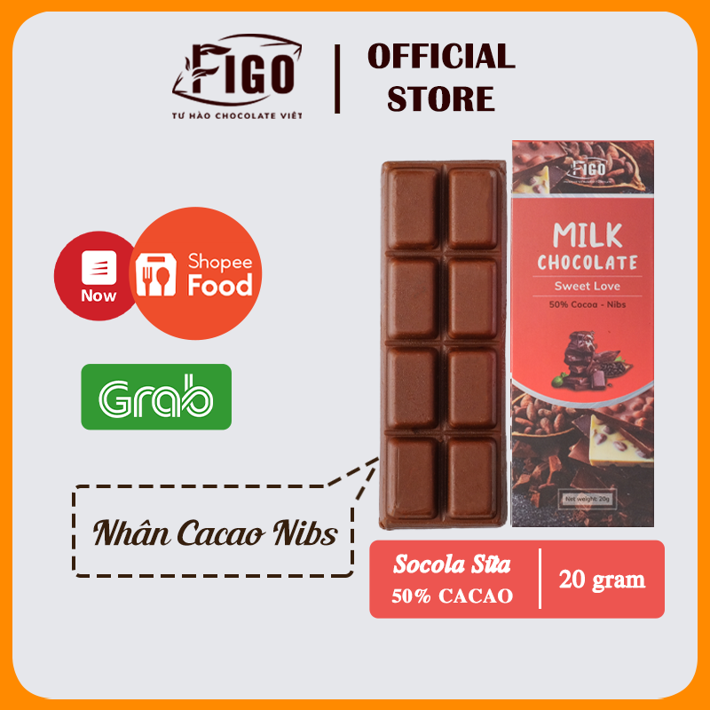 Chính hãng Bar 20gr- Milk Chocolate, Kẹo Socola sữa 50% Cacao Figo nhân