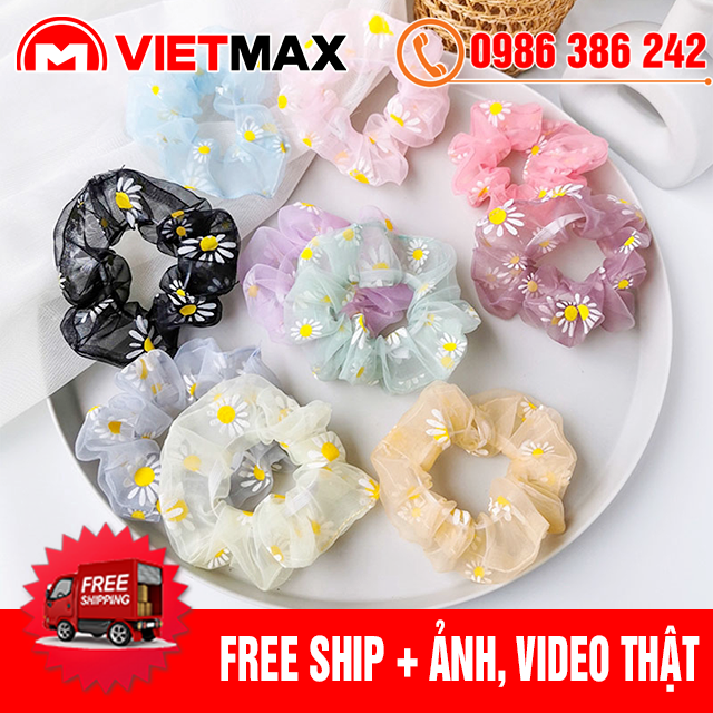Dây Buộc Tóc Vải Hoa Cúc, Cột Tóc Scunchies Co Giãn Hàn Quốc
