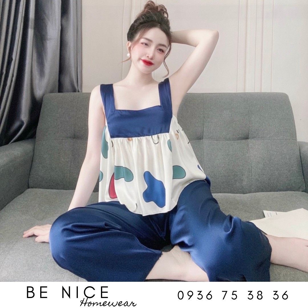Set lụa dài mặc nhà cổ vuông bản to