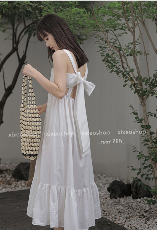 váy hai dây thắt nơ lưng siêu dễ thương