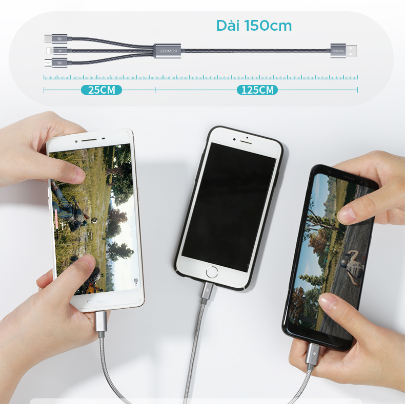 Cáp sạc nhanh Romoss CB25A 3in1 USB to Lightning / Type C / Micro USB dài 1.5m
