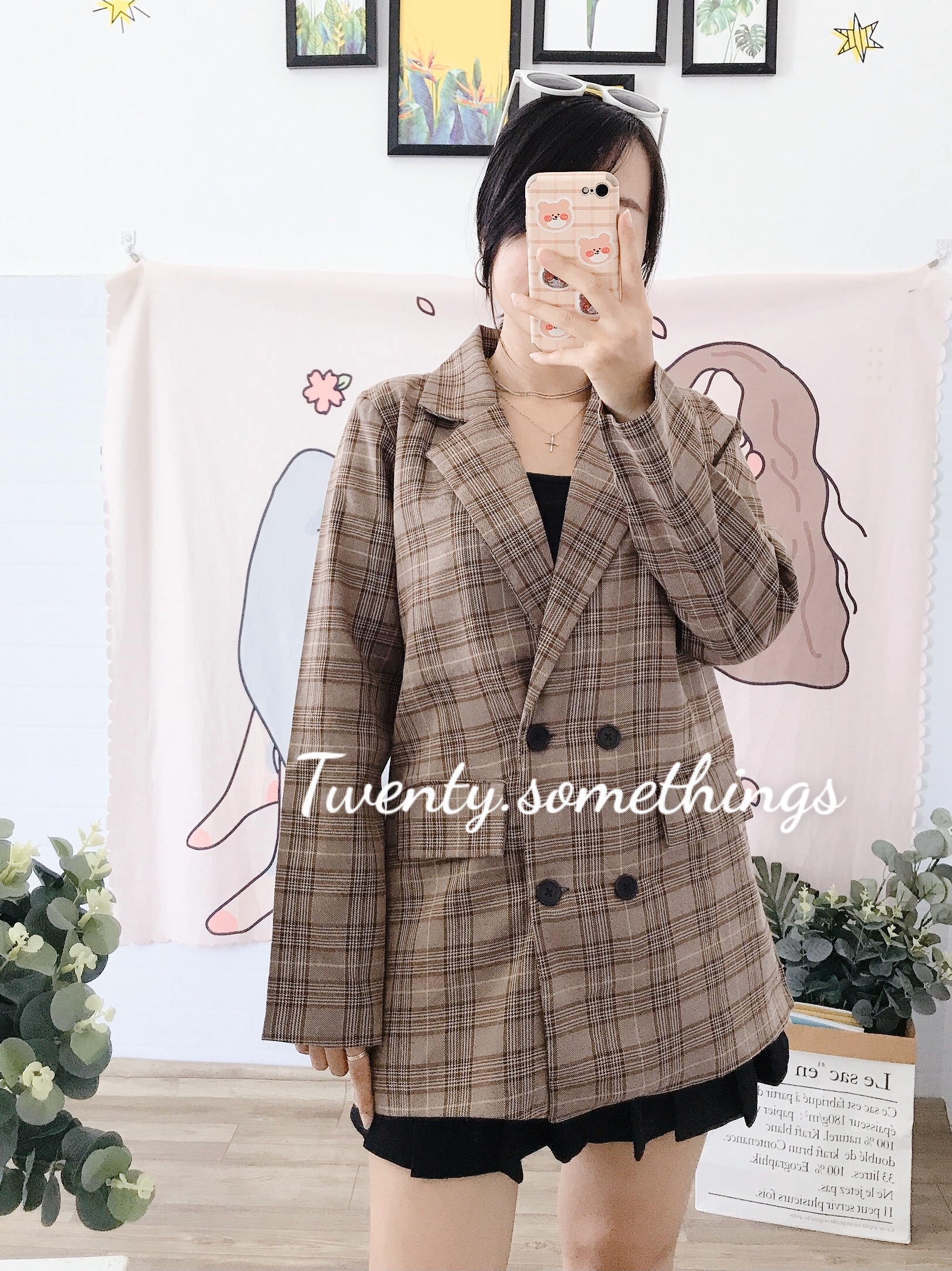 ÁO BLAZER KẺ NÂU VINTAGE 2 LỚP ( ảnh thật/ video/ sẵn)
