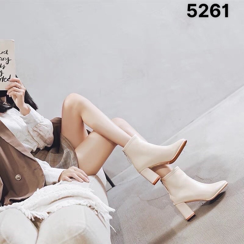Giày bốt cao gót cổ lửng da lì mũi vuông gót vuông 7cm m5261 cực dễ đi- mã 1083