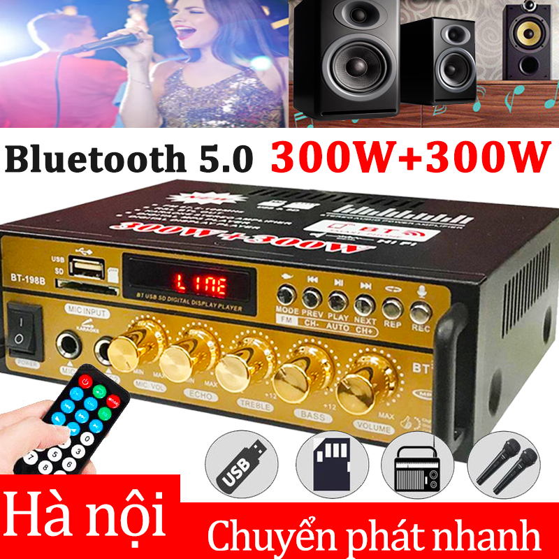 Amply Mini, Âm Ly Karaoke BT198B-B,Amply Bluetooth Mini,Amply Karaoke Gia đình Đa Năng Tích Hợp Fm,2 Cổng Mic Hát Công Suất Lớn,Amly Hát Karaoke