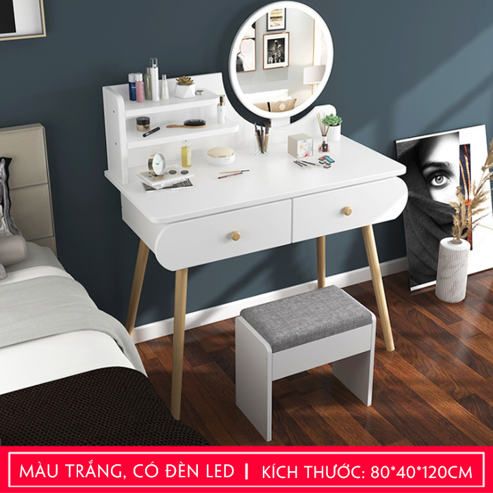 Bàn Trang Điểm Gỗ Gương Đèn Led Thiết Kế Hiện Đại Sang Trọng Cao Cấp ( Kèm Ghế)