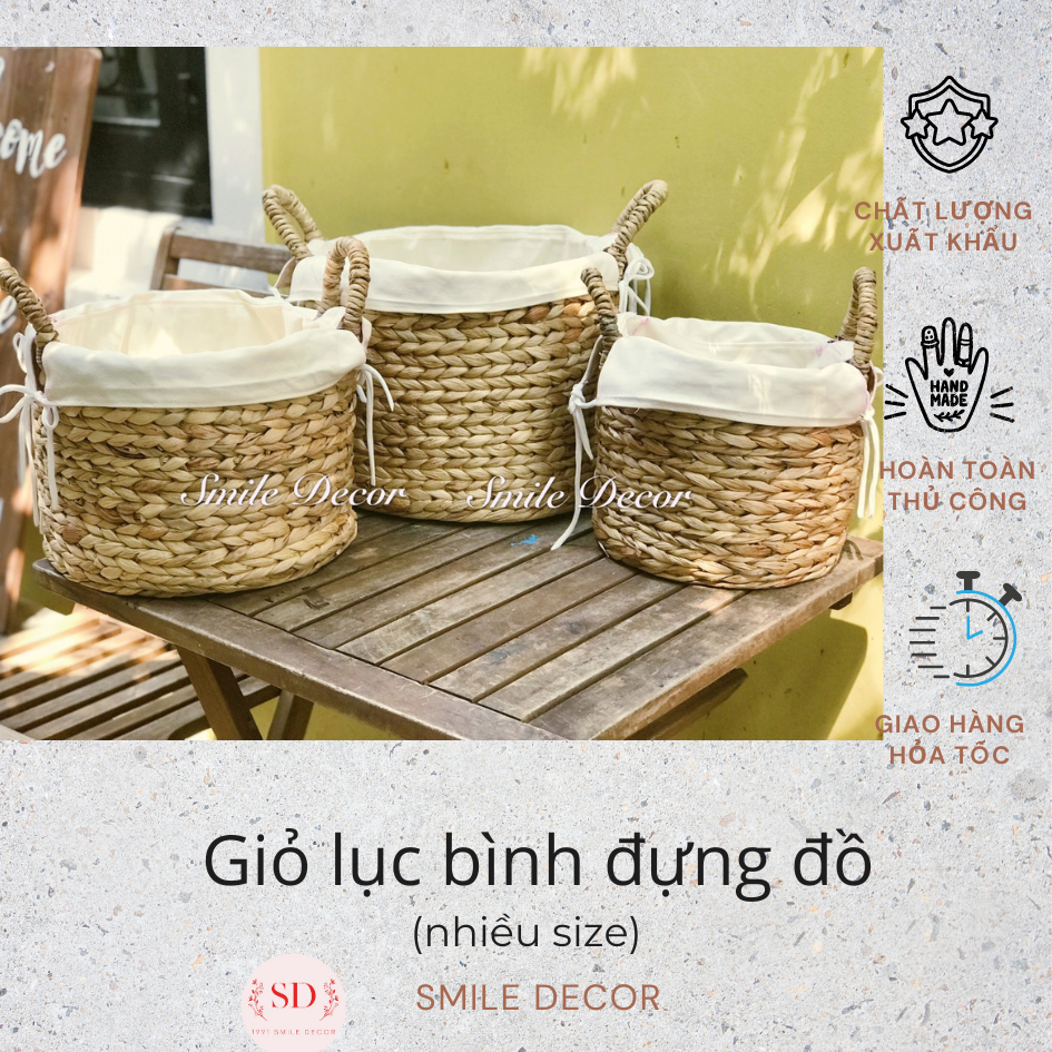 Giỏ lục bình tròn đựng đồ đa năng Smile Decor có quai cầm (đủ size)
