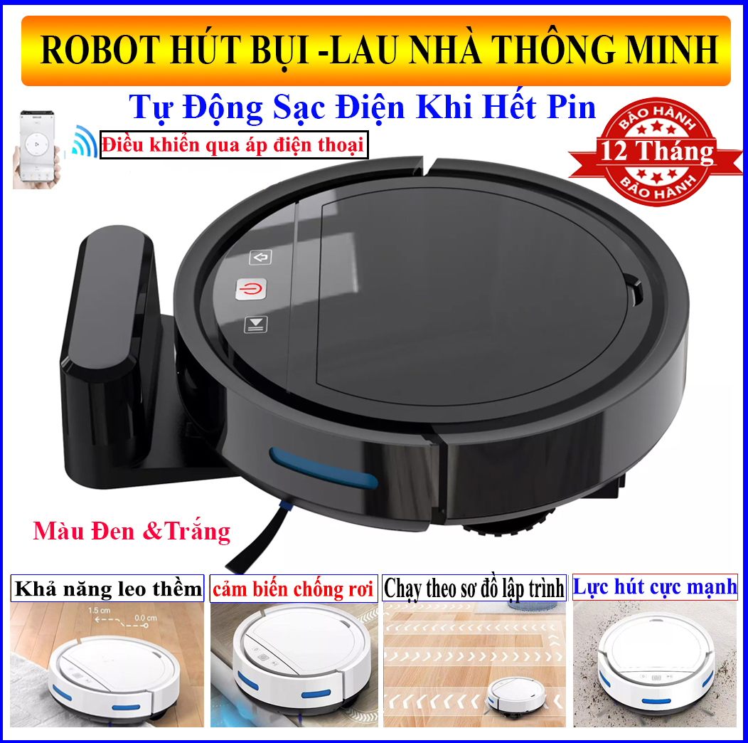 Robot Lau Nhà Hút Bụi, Robot Hút Bụi Thông Minh. Điều khiển qua APP điện thoại, lực hút Siêu Khỏe , mắt thần chống rơi, khả năng leo bậc thềm, hoạt động theo lập trình sẵn, tự động sạc khi hết pin, LỖI 1 ĐỔI 1