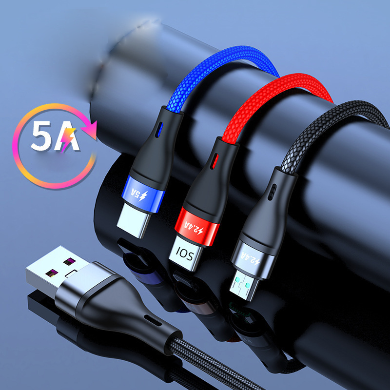 Multi Charging Cable, 5A Multi Charger Cable Nylon Braided 3 in 1 Charging Cable Multi USB Cable Fast Charging Cord with Type-C, Micro USB and IP Port, Compatible with Most Phones & iPads