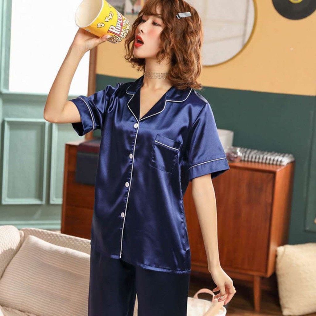 [ RẺ VÔ ĐỊCH ] Bộ Lụa Mặc Nhà Nữ Trơn Cộc Tay Quần Dài Chất Lụa Siêu Mềm ( Hàng Luôn Sẵn) B