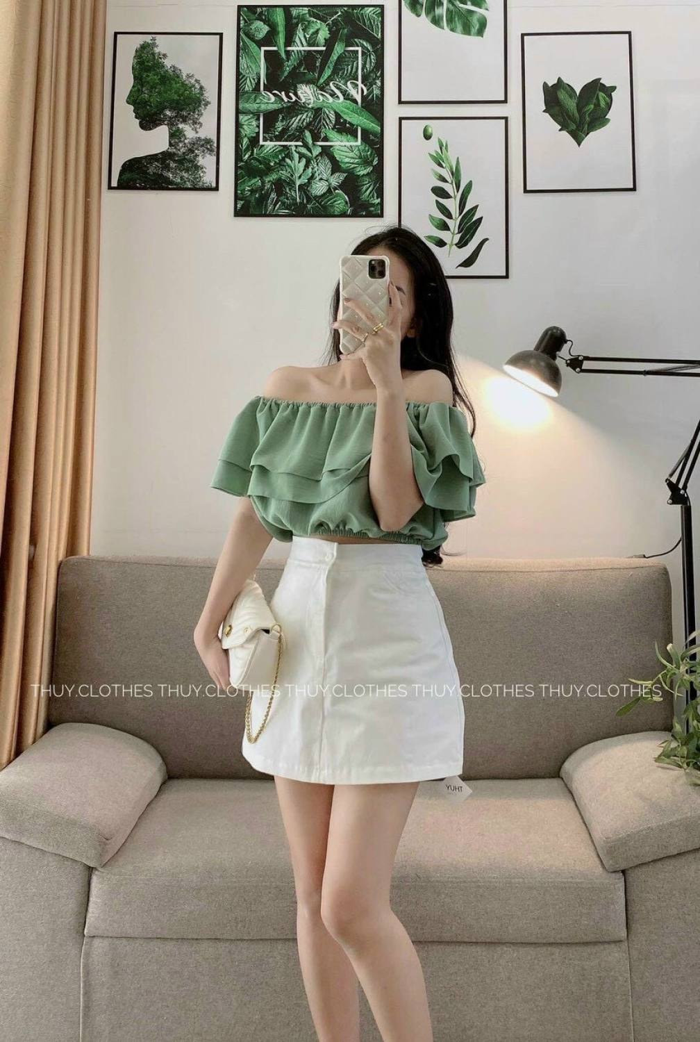 Set tiểu thư áo croptop trễ vai , chân váy chữ A, áo trể vai, sét váy trể vai, sét váy tiểu thư