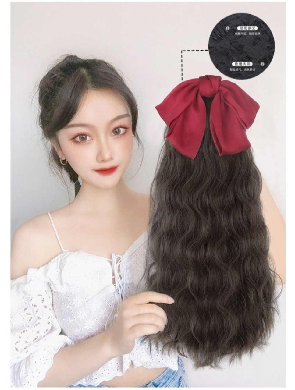 [ HÀNG HÓT, 40CM ] tóc giả nữ cột xù nơ đỏ, tóc giả buộc, tóc giả nơ
