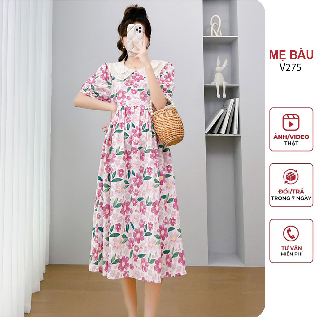 Đầm váy bầu mùa hè cổ sơ mi phối hoa cực xinh - váy công sở chất mềm đẹp - đầm bầu babydoll freesize