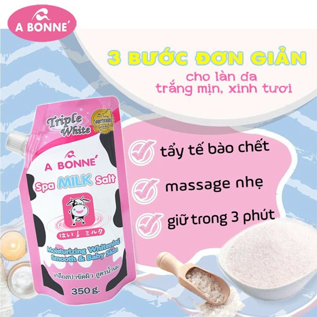 Muối tắm sữa bò tẩy tế bào chết A Bonne Spa Milk Salt Thái Lan 350gr, được bổ sung tinh chất từ sữa bò, dưỡng chất nên độ an toàn cao, không lo da bị dị ứng