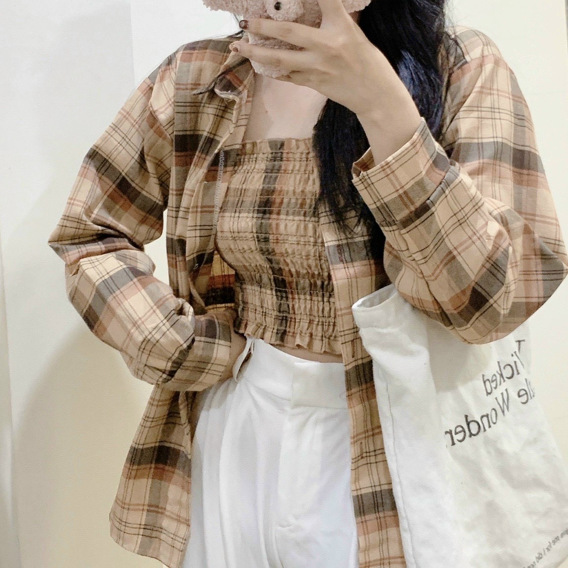 Set áo sơ mi caro ngoài kèm áo ống nhún thun xinh xắn thời trang hot TP922