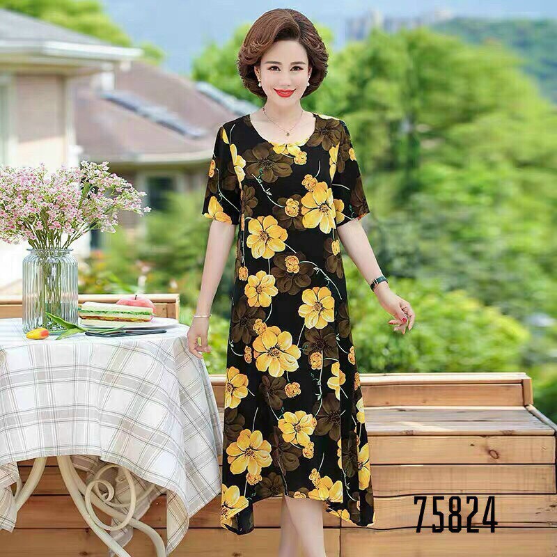 Đầm lụa hoa trung niên mẫu mới sang trọng th21