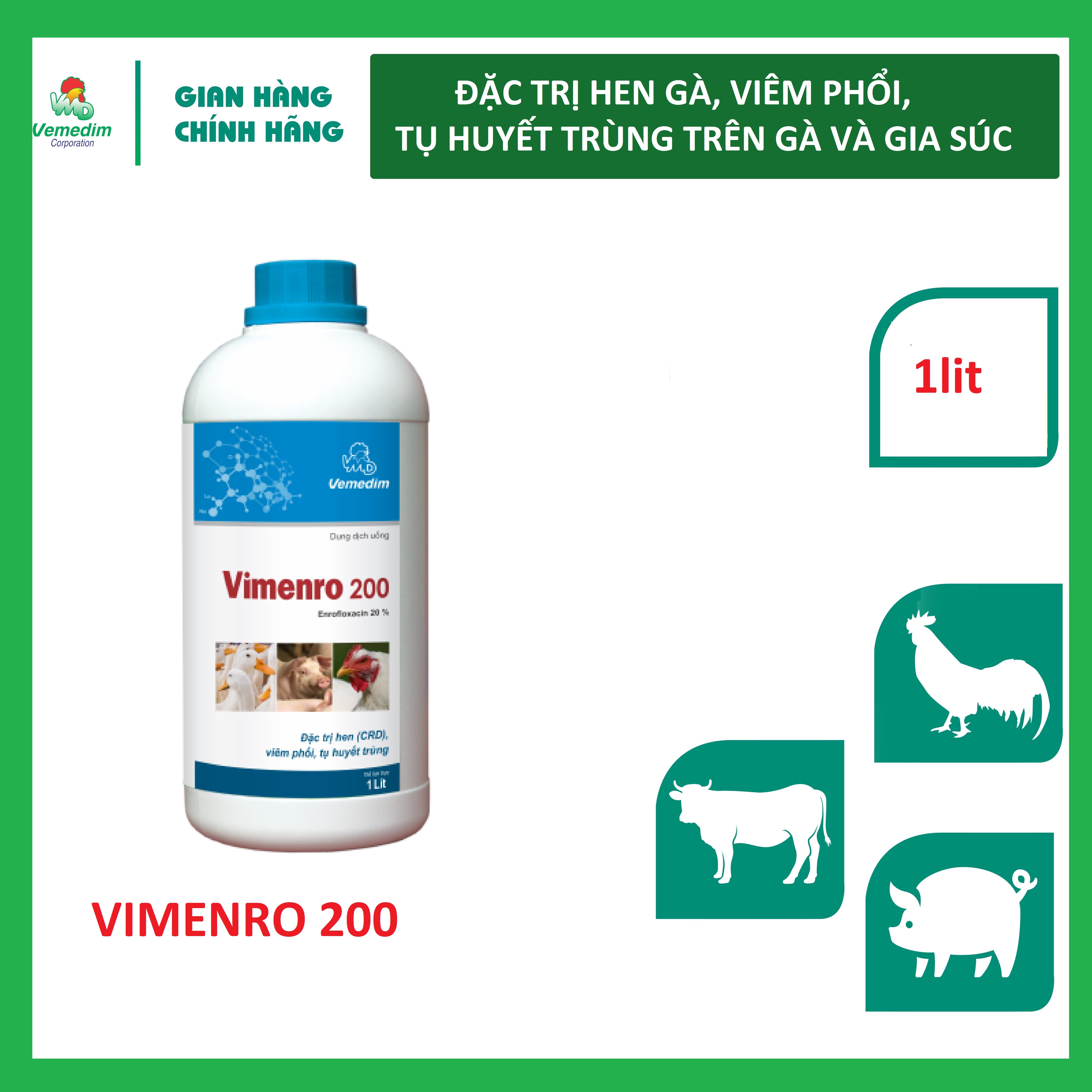 "Hoàn tiền đến 10%" Vemedim Vimenro 200 uống dùng cho gia cầm viêm phổi, hen gà, hô hấp, chai 1lit/chai 120ml