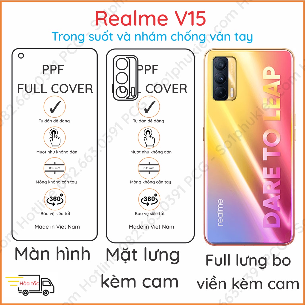 Dán PPF Realme V15 loại trong, nhám dành cho màn hình, mặt lưng, lưng full bo viền