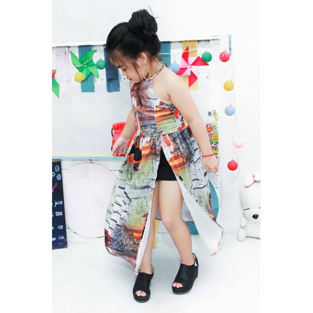 [HCM]Đầm Maxi In Họa Tiết Cún Bé Gái Lụa Thun Co Giãn Độc Lạ