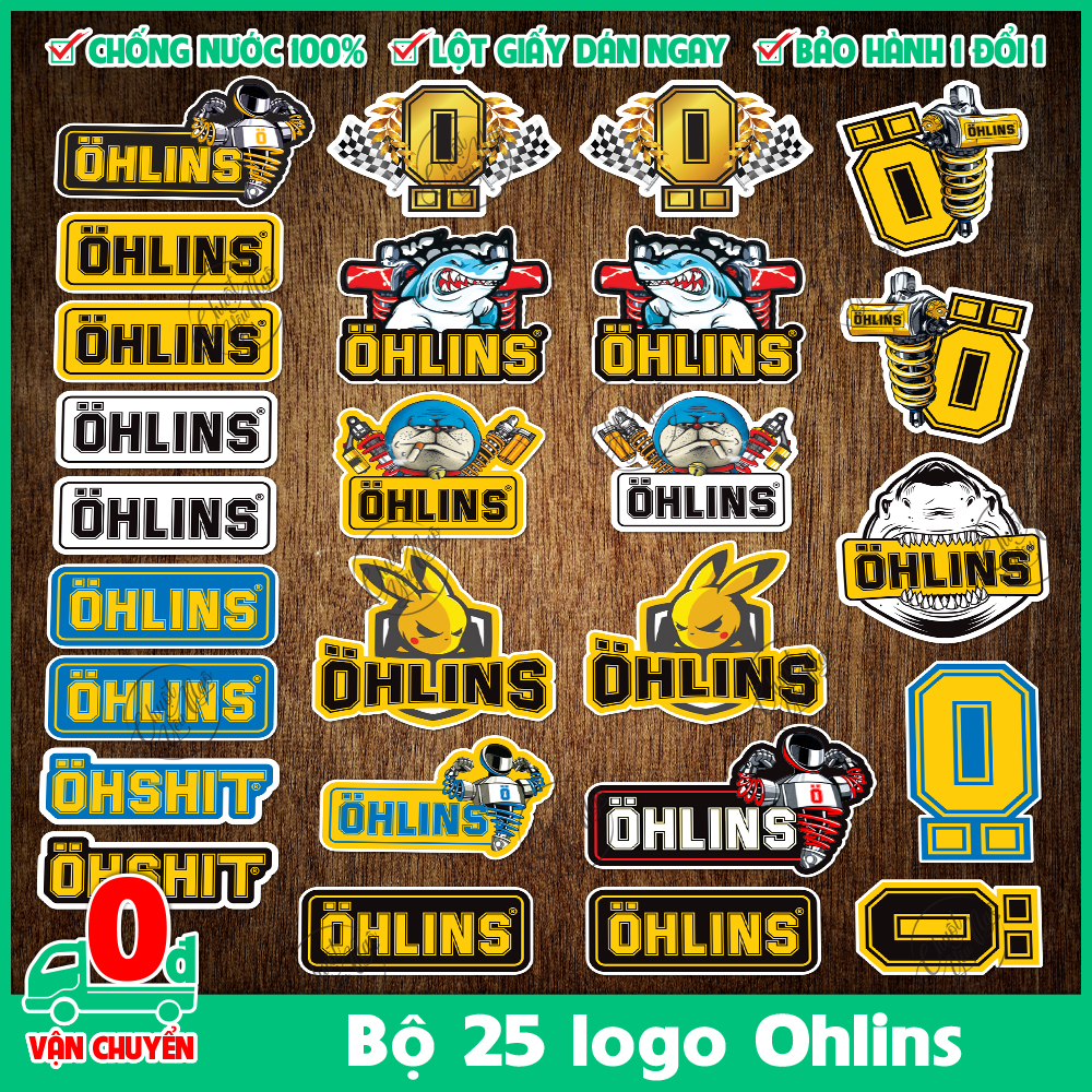 Combo 25 hình tem dán decal chống nước logo Ohlins trang trí dán xe máy nón bảo hiểm...không làm hỏng bề mặt dán