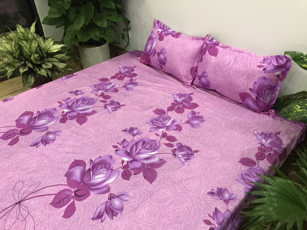 Set ga gối 3 món Mẫu Hoa Dây Tím (gồm 1 vỏ ga và 2 vỏ gối nằm)