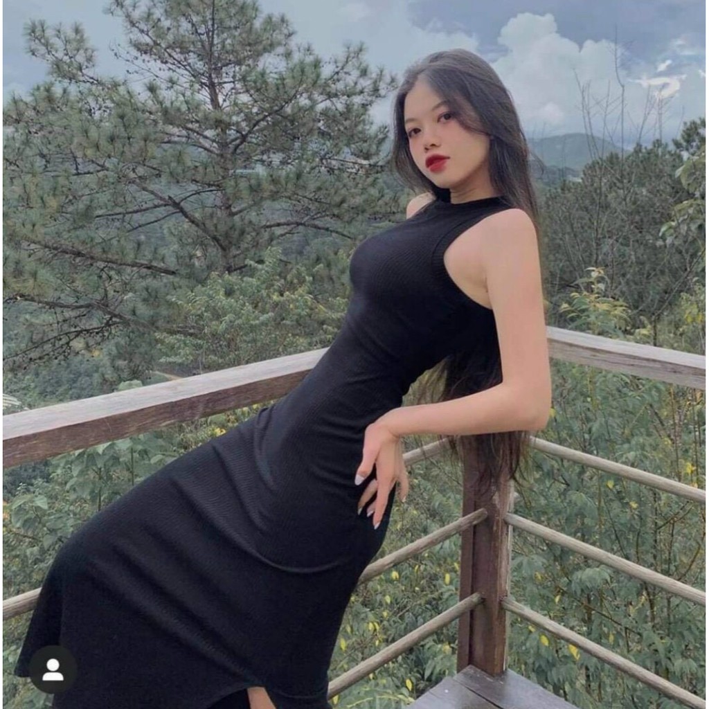 [Ảnh thật] Đầm body thun gân xẻ tà