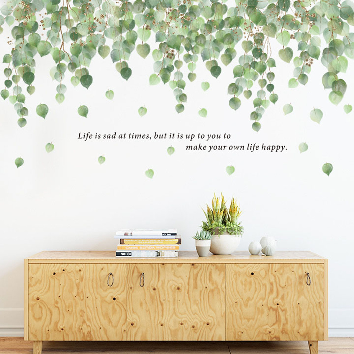 Decal dán tường tán lá xanh life happy