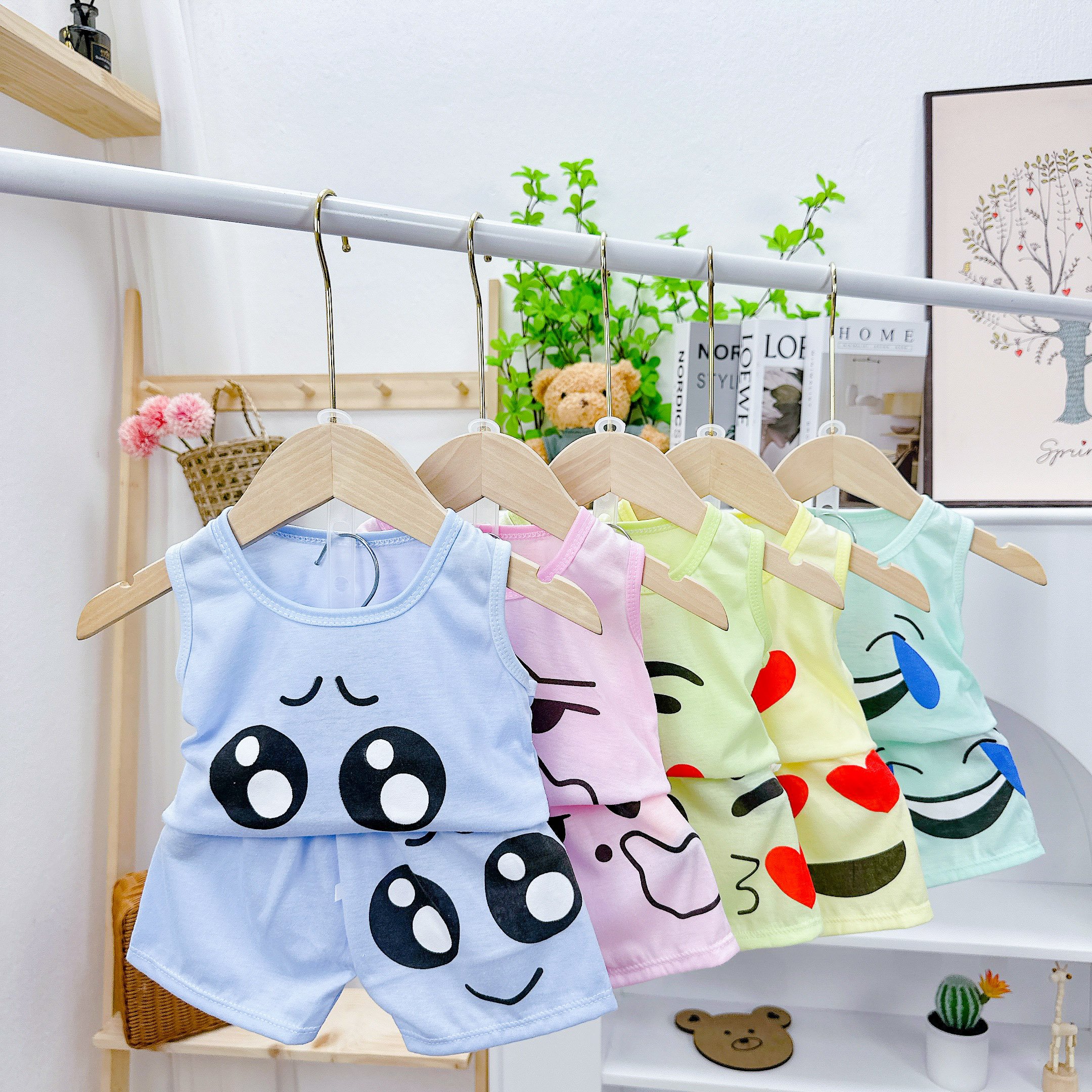 Set 5 bộ đồ hè cotton cúc vai cho bé yêu