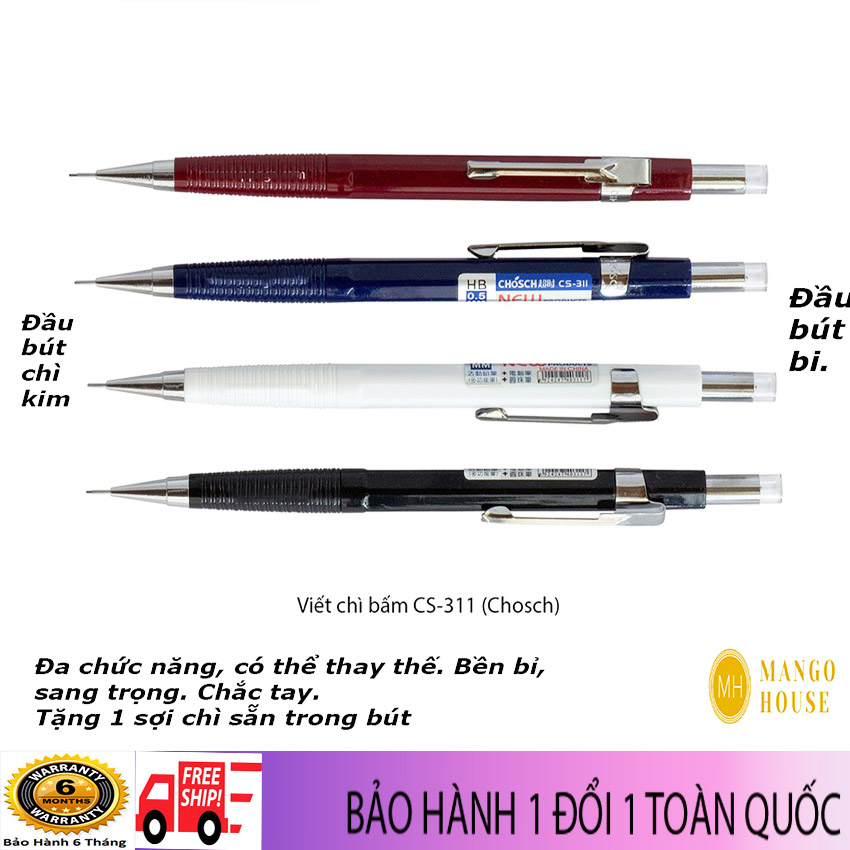 Bộ 4 bút chì kim bấm xịn CHóSCH- Vỏ kim loại, 2 đầu 1 chì kim và 1 đầu bút bi, siêu bền, đẹp, sử dụng đa năng, thuận tiện- Mango House- Tặng kèm 01 sợi chì trong mỗi bút- Bút chì kim bấm, bút chì kim pentel, bút chì kim cute, bút chìk