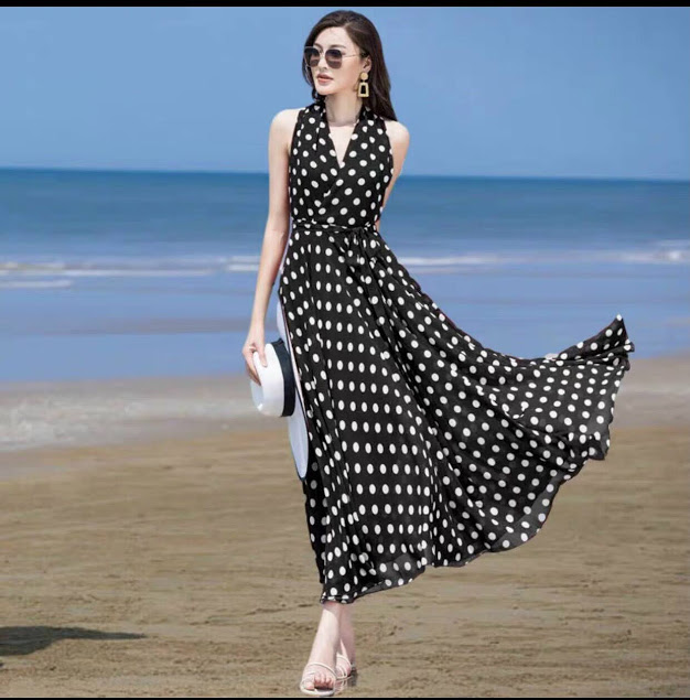 [HCM]ĐẦM CHẤM BI CỔ V KÈM DÂY THẮT