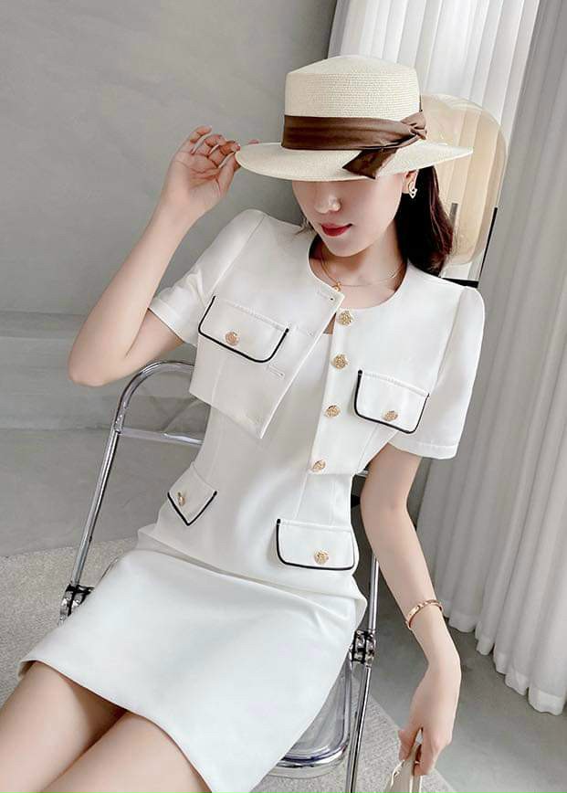 Đầm Viền + Áo Khoác Nút Cài