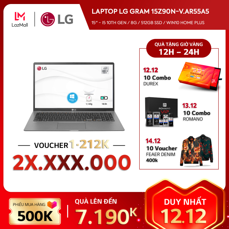 Laptop LG Gram 15.6 inches IPS FHD (1920 x 1080) (i5 10th Gen / 8G / 512GB SSD / Win 10 Home) l 15Z90N-V.AR55A5 l Xám Bạc