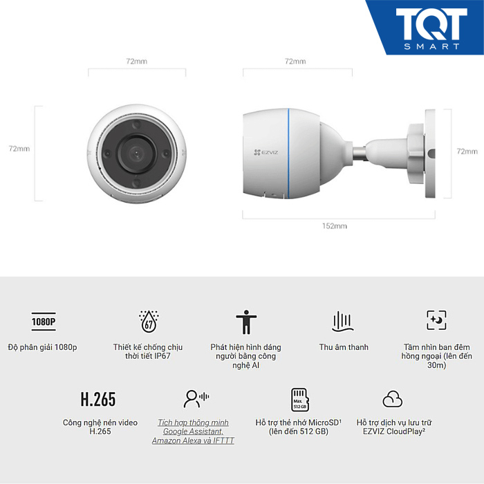 Camera IP/Wifi Ezviz H3C 2MP - Tầm quan sát đêm, Hồng Ngoại Lên Tới 30M- Chuẩn Chống Nước ip67- Hỗ trợ mic thu âm, thuật toán khử tạp âm - Phù Hợp Lắp Đặt Ngoài Trời -TQT