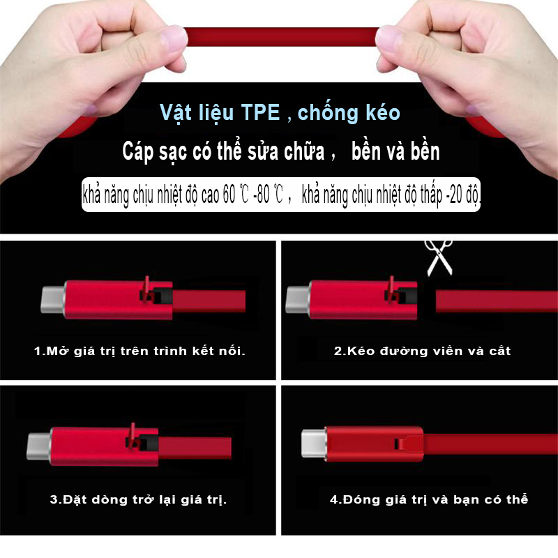 Cáp dữ liệu điện thoại sạc nhanh 1.5m 4A có thể cắt, thích hợp cho Apple, Android, type-c, cho món quà Giáng sinh