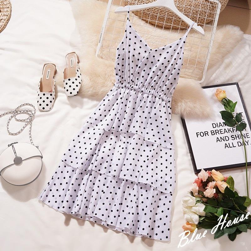 [HCM]Đầm 2 Dây Chấm Bi Xếp Tầng - New Thoi Trang