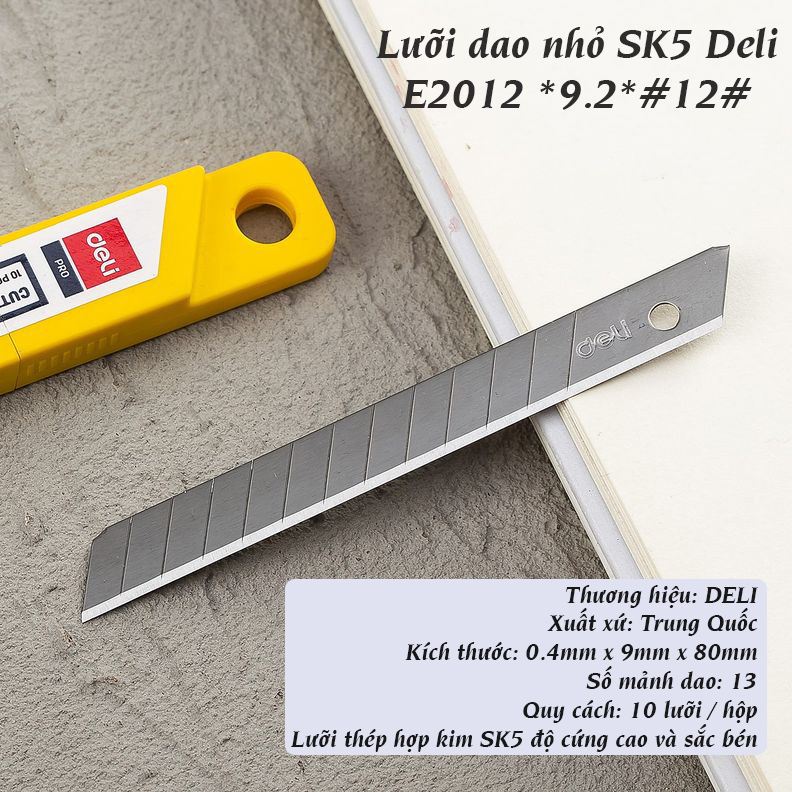 (1 Hộp) Lưỡi Dao Rọc Giấy Nhỏ SK5 DELI E2012 (0.4 x 9 x 80mm)