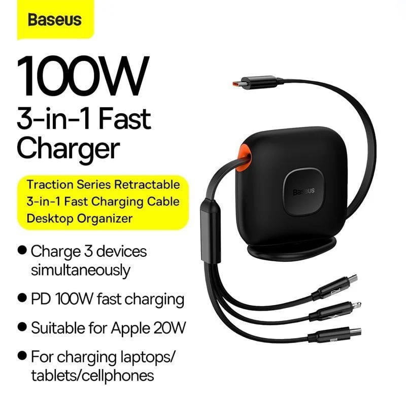 Cáp Sạc Đa Năng Baseus Traction Series Retractable 3-in-1 Fast Charging Cable Desktop Organizer