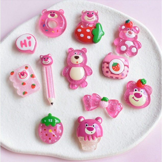 Jibbitz sticker gắn dép sục Crocs hình gấu hồng Pink Bear (bán lẻ từng cái) nhựa trong suốt