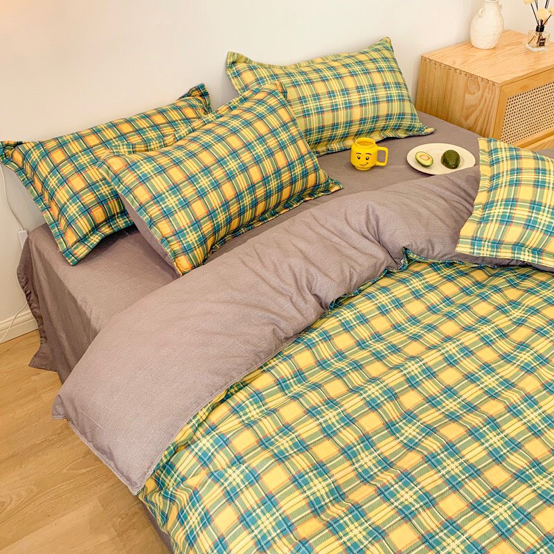 Trọn Bộ 4 Món Cotton Poly Nhập Mẫu CARO XANH VÀNG dễ thương,sang chảnh