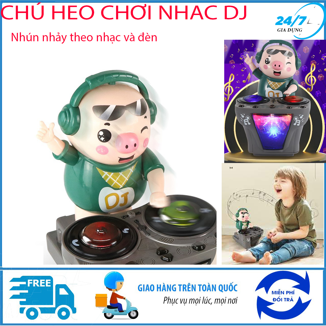 Đồ chơi heo điện nhạc, chú heo chơi DJ năng động siêu dễ thương nhảy theo nhạc và đèn cho bé
