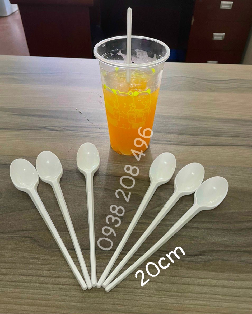 Gói 50 muỗng nhựa dùng một lần, muỗng nhựa trà sữa, muỗng nhựa cán dài 20cm