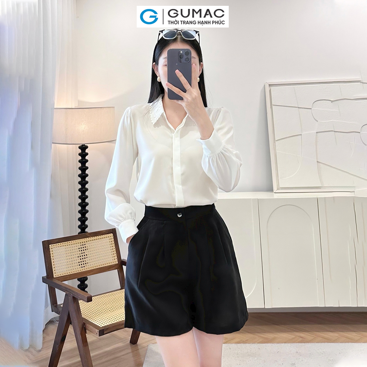 Áo sơ mi cổ ren thời trang GUMAC AE05001