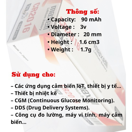 Combo 2 viên Pin Cr2016 Maxell Lithium 3V chính hãng