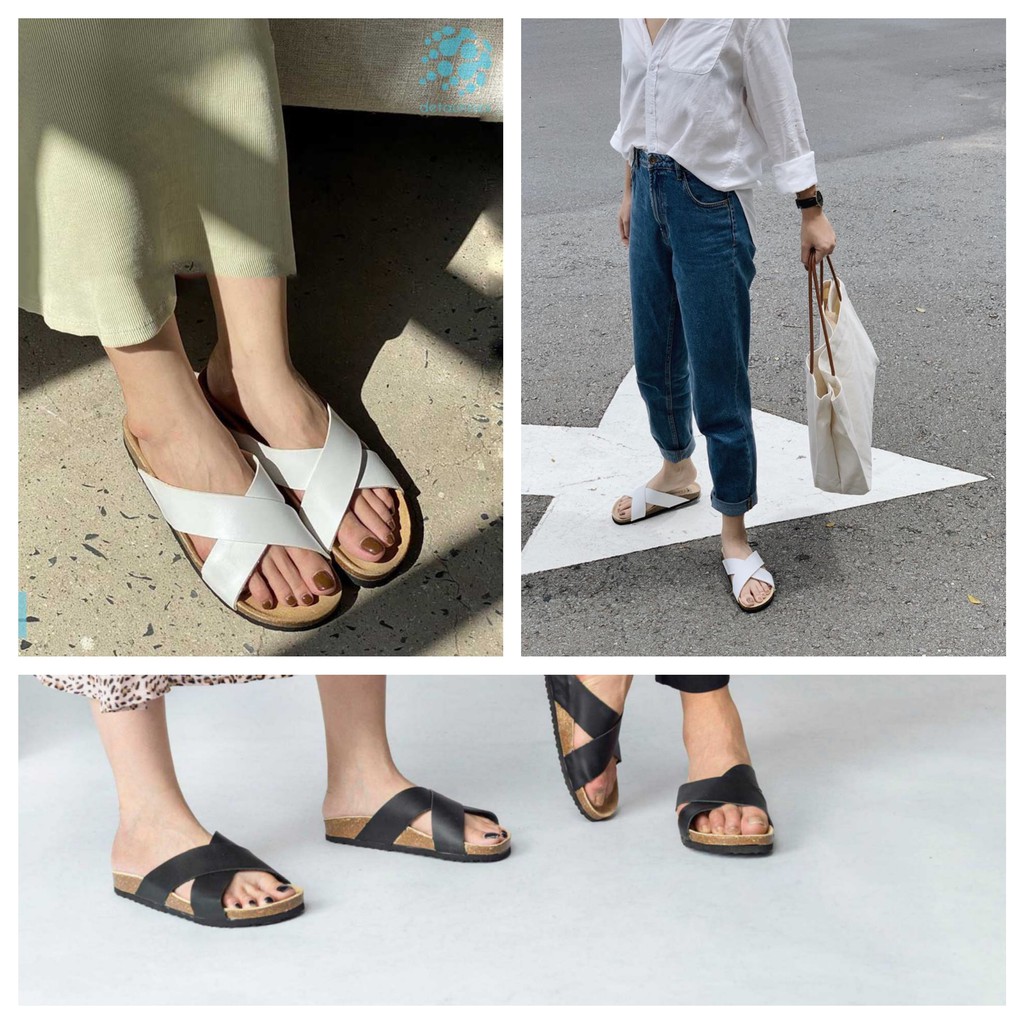 Dép nam nữ quai chéo Birkens đế trấu màu trắng - DETA23T CHÍNH HÃNG FULLBOX