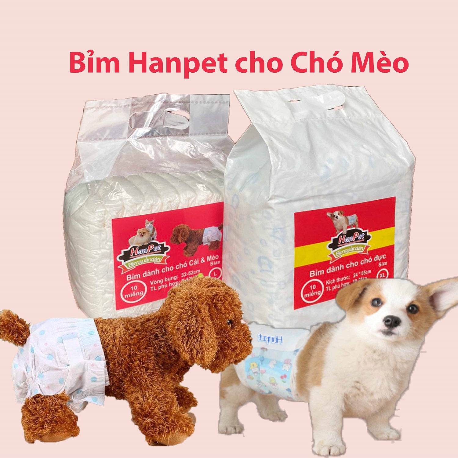 Hanpet - Tã bỉm chó mèo (lẻ 1 miếng) Bỉm quần dạng dán cho chó cái và mèo tã bỉm chó đực