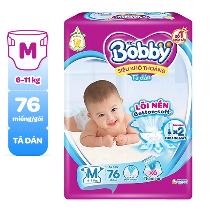 Tã dán Bobby size S80+6m/ M76 / M76+6m (tã dán sơ sinh)