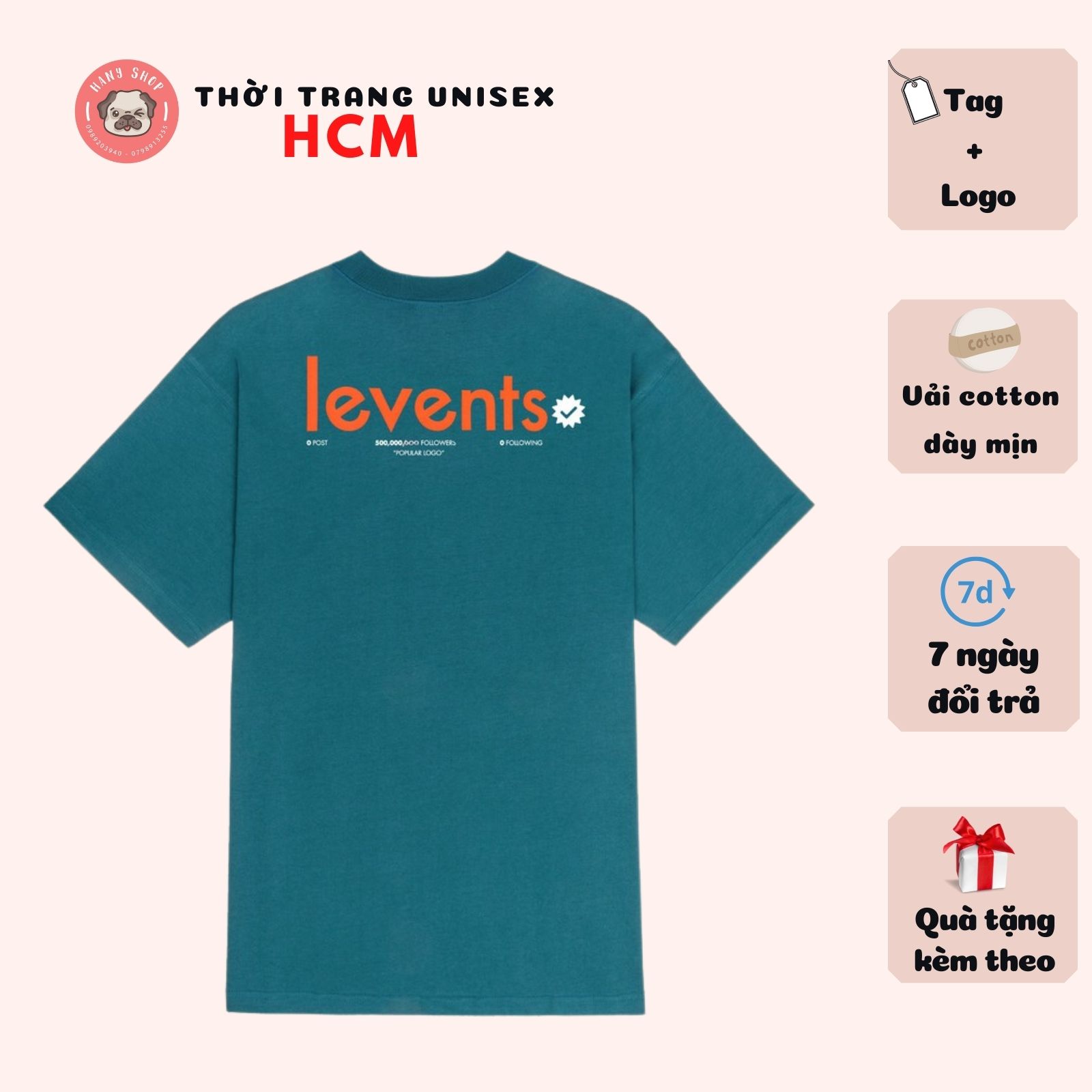 Áo thun tay lỡ Levents Popular Logo màu xanh phong cách unisex nam nữ cho người từ 40kg đến 90kg chất vải cotton dày mịn có đầy đủ tag Thời trang Unisex HCM AL147